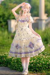 Purple/Ivory Blueberry Pie Print Short Sleeves Ruffle Bowknot Sweet Lolita Dress